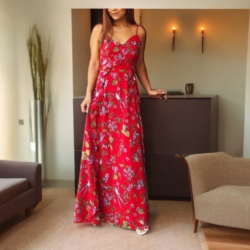 Nanette Leopore red floral Hummingbird long /Maxi flowy summer dress sz: 10